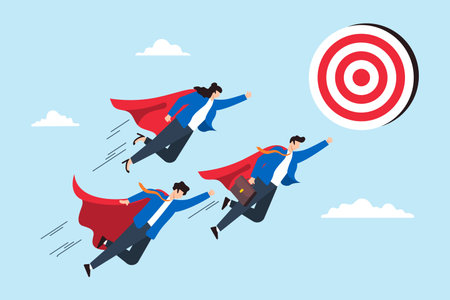Superhero business people flying toward bullseye target illustrating teamwork, professional aim, and reaching goals. Concept of collaborative effort, leadership, and determination to achieve successのイラスト素材