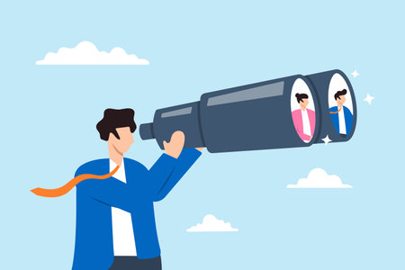 Businessman HR looks through binoculars to find potential candidates, illustrating process of searching individuals to fill job vacancies. Concept of human resources search for career opportunitiesのイラスト素材