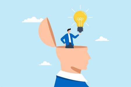Man experiences eureka moment, illustrating lightbulb idea illuminating in his head. Concept of discovery of new solution to solve problem, business insight, inspiration, creativity, or innovationのイラスト素材