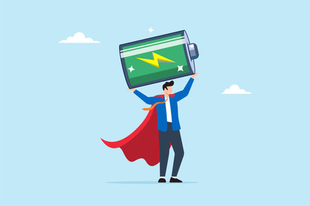 Businessman superhero carry fully charged recharge battery, illustrating fully energized and ready to work. Concept of replenishing energy level, refreshing from exhaustion, and recovery from burnoutのイラスト素材