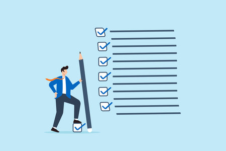 Businessman expertly holds pencil while ticking all completed tasks on checklist, illustrating getting things done. Concept of accomplishment, progress in projects, and satisfaction of achieving goalsのイラスト素材