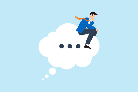 Businessman sits on thinking bubble, deep in thought like the thinker statue. Concept of considering solutions, critical thinking to solve problems and focusing on new ideasのイラスト素材