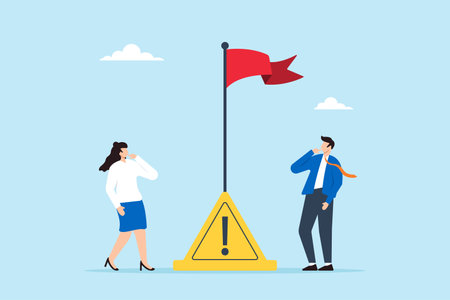 Thoughtful businessman and businesswoman look at red flag warning, illustrating careful in business or economic disaster. Concept of advice, notice, or alert for potential threats or risksのイラスト素材