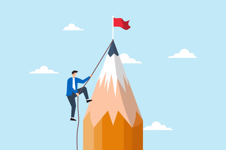 Young creative man climbing pencil mountain, aiming to reach winning flag at peak. Concept of challenges to achieve goals, win in business, creativity, motivation, and inspiration to reach targetsのイラスト素材