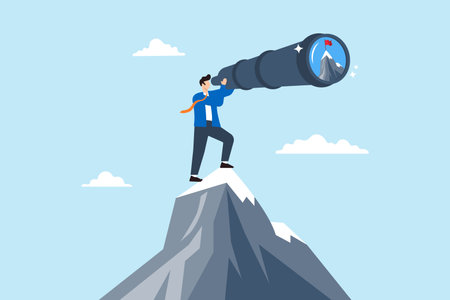 Ambitious businessman look through telescope focusing on mountain peak target, illustrating aiming high to achieve business goals. Concept of ambition, motivation, and determination to succeedのイラスト素材
