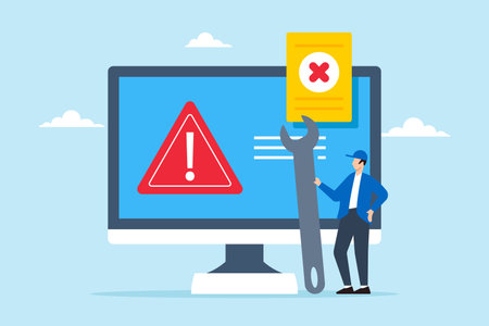 Technician holding wrench while fix system failure or errors message on computer. Concept of software problems, hardware faults, caution and maintenance to resolve security alertsのイラスト素材