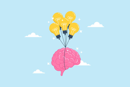 Smart human brain flying alongside lightbulb idea balloons, illustrating creativity and intelligence...