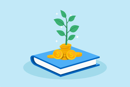 Flat illustration of plant growing from pile coins on book knowledge and learning investmentsのイラスト素材
