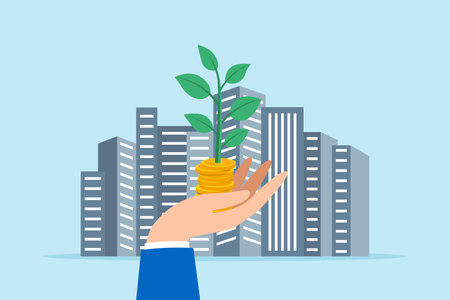 Flat illustration of hand holding seedling from pile coins against cityscape impact of investments on urban developmentのイラスト素材