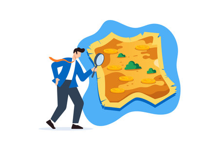 Flat illustration of businessman holding magnifying glass looking coins in treasure map investments journey and adventureのイラスト素材