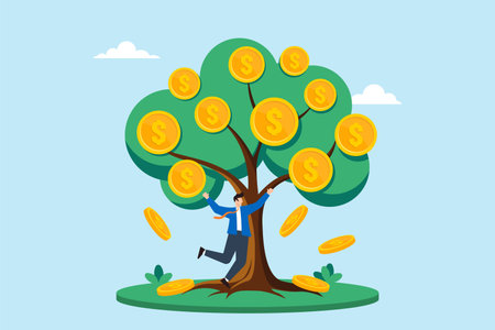 Flat illustration of happy businessman jumping by money tree falling gold coins investments natural growthのイラスト素材