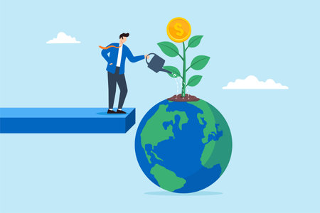 Flat illustration of businessman watering growth coin plant on globe investments global and world impactのイラスト素材