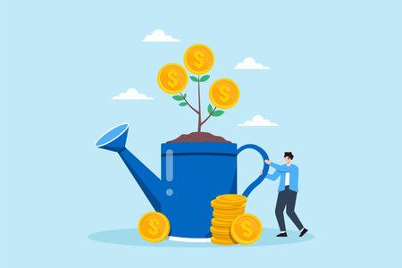 Flat illustration of plant man holding watering can growing coins investments nurturing savings and wealth potentialのイラスト素材