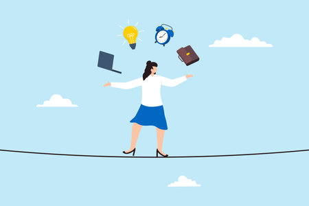 Businesswoman balancing on tightrope juggling laptop light bulb alarm clock and briefcase concept work-life balance multitaskingのイラスト素材