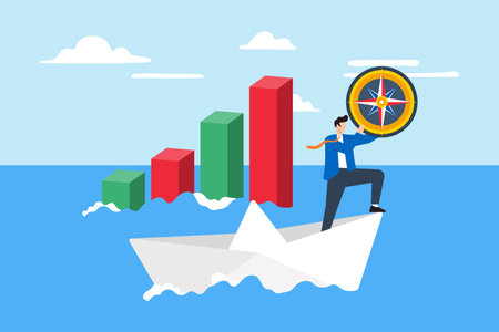 Businessman holding compass while sailing paper boat on stock market chart concept navigating investments trends and directionのイラスト素材