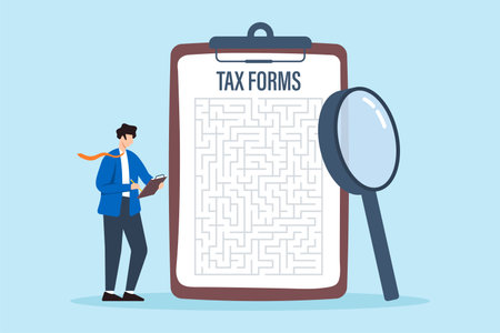 Businessman analyzing maze of tax forms on clipboard concept financial compliance and regulationsのイラスト素材