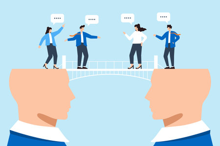 Business team on communication bridge of two heads concept effective collaboration transparency and understandingのイラスト素材