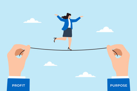 Businesswoman balancing on tightrope between Profit and Purpose concept ethical business practices values and trade-offsのイラスト素材