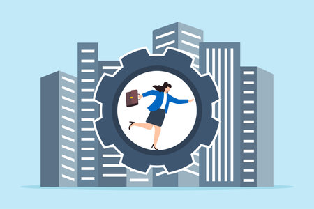 Businesswoman pushing giant gear to keep company running concept operational efficiency teamwork and productivityのイラスト素材
