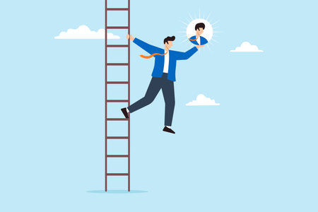 Recruiter climbing ladder reaching candidate profiles ascending to best hire progressive recruitment step-by-step hiringのイラスト素材