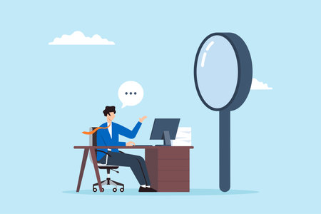 HR manager conducting interview with magnifying glass detailed candidate assessment thorough questioning focused recruitment meticulous hiringのイラスト素材