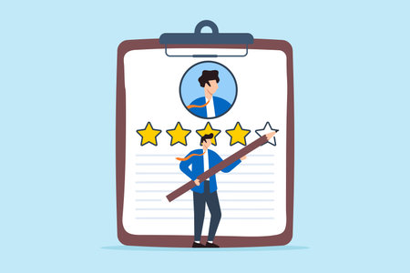 Businesswoman painting star on candidate profile highlighting top talent marking exceptional visual recognition standout hiresのイラスト素材