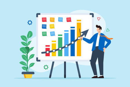 Vector illustration of businessman outlining financial plan with sticky notes on whiteboard budgeting strategyのイラスト素材