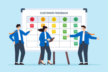 Vector illustration of business people mapping customer feedback with sticky notes on whiteboard satisfaction trackingのイラスト素材