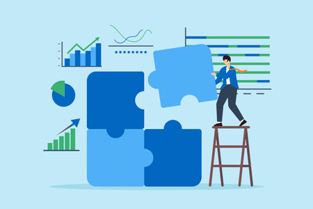 Matching together market strategies, comprehensive data analysis, problem-solving, visualizing business growth concept vector illustration. Analyst assembling jigsaw puzzle with bar graphsのイラスト素材