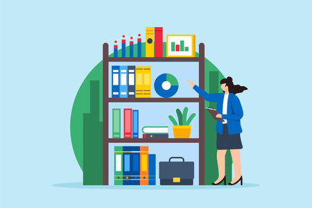 Business knowledge management, strategic data organization, comprehensive analysis, systematic planning concept vector illustration. Analyst organizing bookshelf of financial reportsのイラスト素材