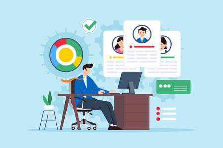 Optimizing use of business resources, maximizing efficiency, management concept vector illustration. Analyst on desk planning and analyzing resource allocationのイラスト素材