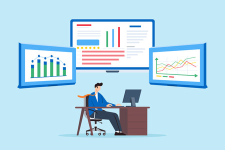 Marketing strategy management, data-driven decision-making, strategic oversight, business coordination concept vector illustration. Analyst operating control room with financial chartsのイラスト素材
