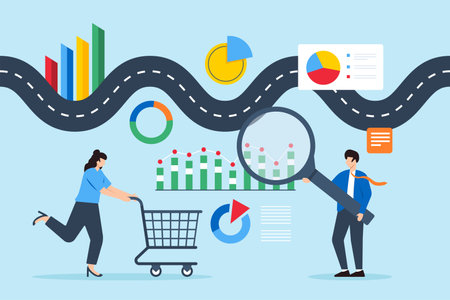 Customer journey mapping, visualizing interactions with brand, improving client experience concept vector illustration. Business analyst navigating winding roadのイラスト素材