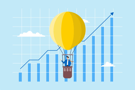 Elevating business strategies, strategic vision, data-driven success, reaching new market heights concept vector illustration. Analyst piloting hot air balloon with financial graphsのイラスト素材