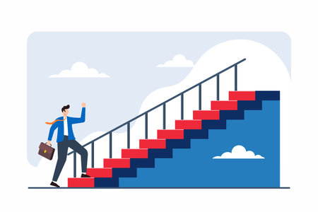 Flat illustration of person setting foot on staircase each step representing different career growth opportunityのイラスト素材