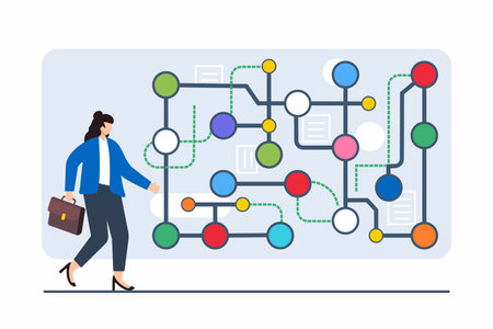 Flat illustration of person moving through series of interconnected paths each colors representing different career opportunityのイラスト素材