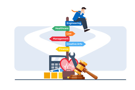 Flat illustration of person in thinking pose sitting on multiple signposts with different career pathsのイラスト素材