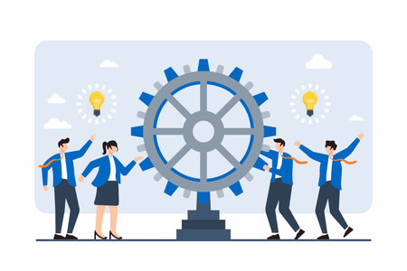 Flat illustration of employees steering giant cogwheel, symbolizing driving innovation and progressのイラスト素材