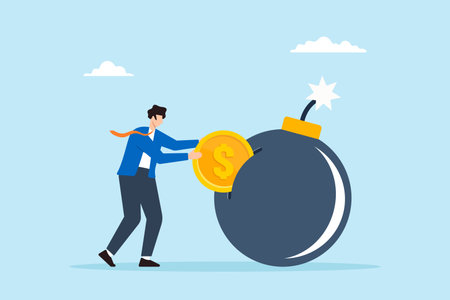 Flat illustration of businessman places dollar coin into ticking debt bomb symbolizing paying off financial obligationsのイラスト素材