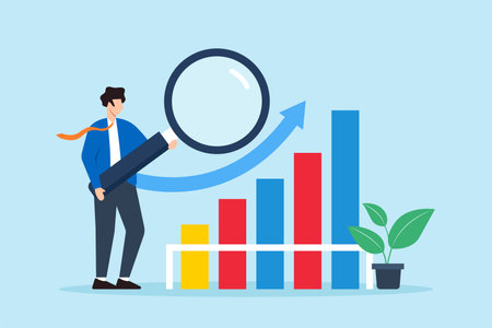 Flat illustration of businessman magnifies benchmark metric graph evaluating key performance indicatorsのイラスト素材