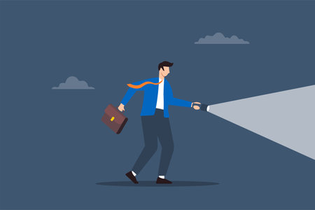Flat illustration of businessman holds flashlight for guidance symbolizing mentorship and direction towards successのイラスト素材