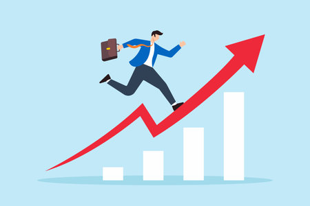 Flat illustration of businessman leaps forward over rising growth graph symbolizing business transformationのイラスト素材