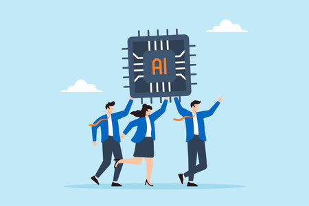 Flat illustration of business people carry AI processing chip embracing artificial intelligence for...