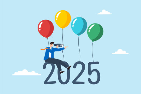Flat illustration of businessman flies with 2025 balloons using telescope to aim for future successのイラスト素材