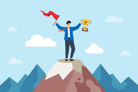 Flat illustration of success businessman holds winning flag and trophy on mountain peak symbolizing leadershipのイラスト素材