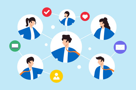 Flat illustration of colleagues communicate internally networking within company for successのイラスト素材