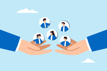 Flat illustration of businessman hand holds customer carefully symbolizing customer retention and loyaltyのイラスト素材