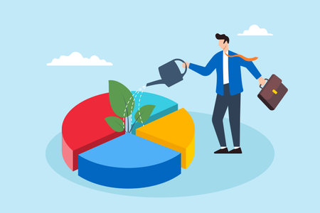 Flat illustration of businessman watering investment portfolio pie chart symbolizing growing passive incomeのイラスト素材