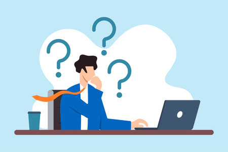 Flat illustration of businessman thinks on laptop with question mark contemplating doubts and solving problemsのイラスト素材