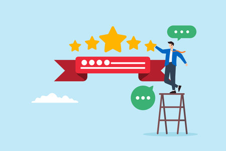 Flat illustration of customer gives five-star feedback in review representing high satisfaction and reputationのイラスト素材